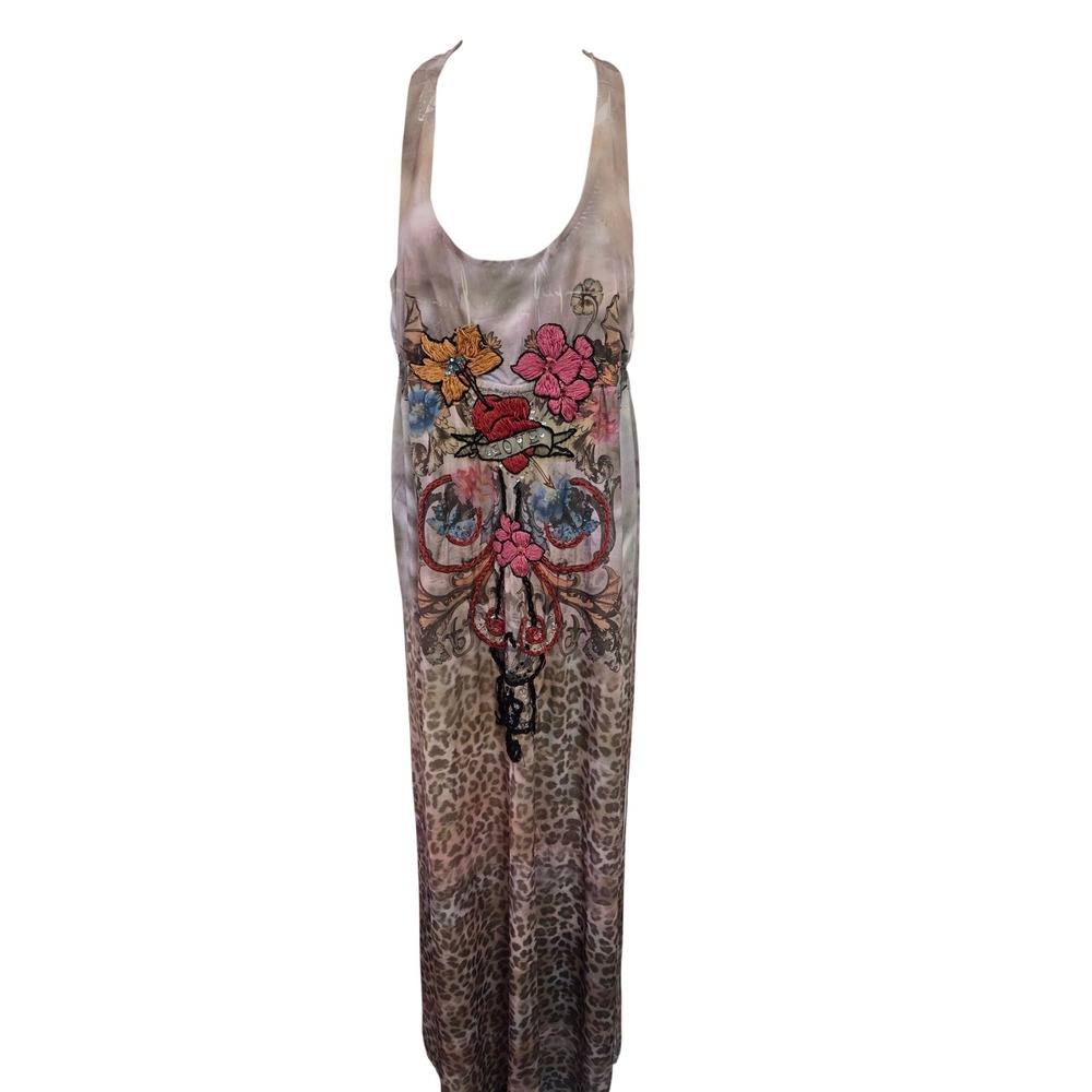 Spy Zone Exchange Leopard Floral Embroidered Rhinestone Maxi Dress Large Y2K